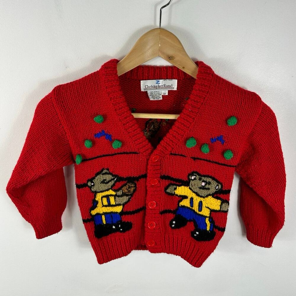 Vintage Christopher Rand 3D Football Graphic Red Cable Knit Cardigan Size 3T